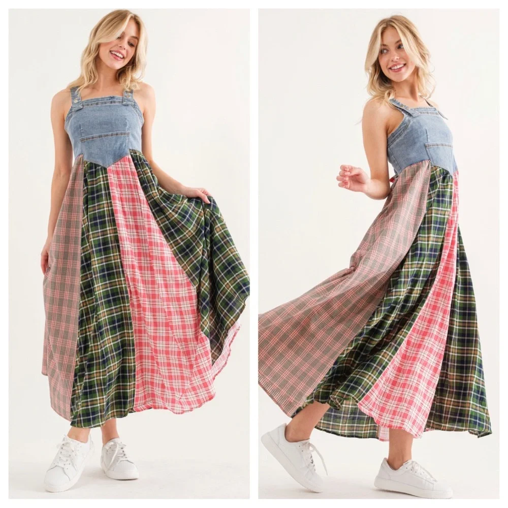 13 Boho Denim Multi Fabric Pleated Suspender Dress - Picture 1 of 5